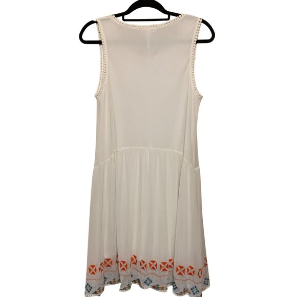 Esley White Sleeveless Dress Embroidered Hem Pom-Pom Trim Sz L Fairy Cottagecore - Picture 7 of 11